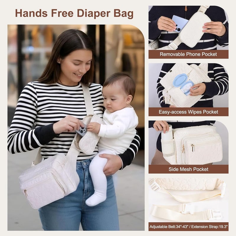 Rexmore Store Puffer Quilted Fanny Pack Diaper Bag for Mom - Women‘s Compact Crossbody Purse with Portable Changing Pad & Wipes Pouch, Travel & Quick Errand Baby Essentials Organizer (Off White) - Image 2
